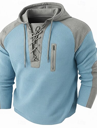  Herren Waffel T-Shirt T Shirt Waffel-Henley-Hemd Langarm Mit Kapuze Schnürhals Herbst Einfarbig Texture Traditionell / Vintage Kordelzug Lässig Heim Outdoor Hellblau Wein Schwarz Top T-Shirt für