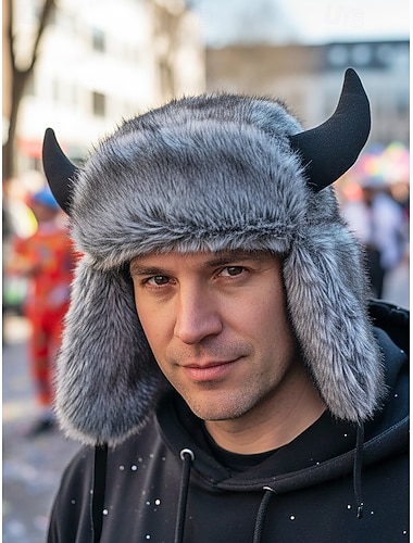  Männliche warme Kunstpelzhorn Mardi Gras Hut | Multi-Farben Tier/Dämon Stil Bomber-Cap | Perfekt für Karneval Maskerade  Kostümpartys