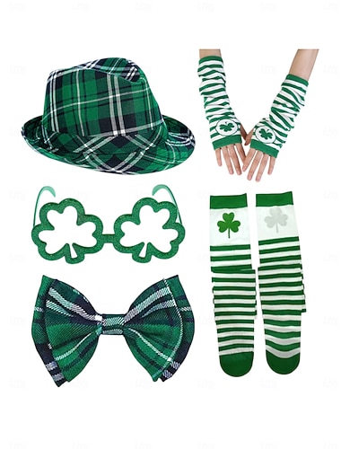  cappello verde scozzese per la festa di San Patrizio da donna, occhiali a trifoglio, guanti, papillon &set di calzini a righe: divertenti accessori festivi per le celebrazioni di San Patrizio