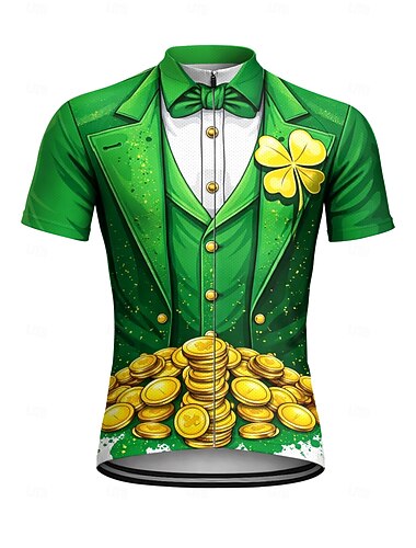  Pánská cyklistická dres St. Patrick dres downhill dres čtyřlístek kostým tričko zlato mincovní krátký rukáv dres na kolo tričko top s 3 zadními kapsami UV odolný rychlé sušení s kapsami přední zip