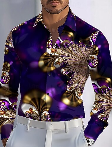  Karneval Herren Feder Karnival Hemd Satinhemd Kleidhemd Langarm Modisch lässig Party Ferien Sommer Frühling Umlegekragen 3D-Druck Hemden mit Knopfleiste Purpur Dunkelviolett