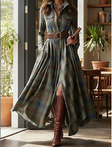  Per donna Abito Midi Abito a Tubino Vacanza Casual Boho Quotidiano Vestibilità regolare Plaid Manica Lunga Colletto a Camicia Verde militare Primavera Autunno Inverno