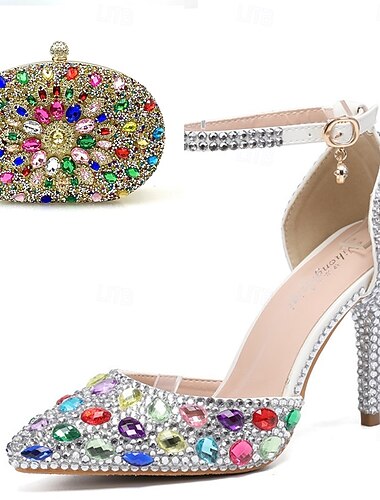  Per donna Cocktail Club Feste Strass Cristallo Fibbia Stiletto Punta a Punta Moda Carino Lussuoso PU Fibbia Argento Rosso arancione Nero e Viola