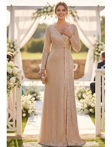  A-linje Svepsläp Bröllopsgästklänning Formell klädsel Aftonklänning Klänning till brudens mor Långärmad V-hals Elegant Glitter och glans 1920-talet Formell Bröllopsgäst Födelsedag Paljetter med Veckad