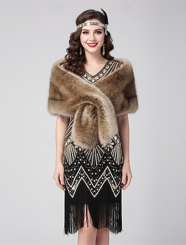  Sett De livlige 20-årene 1920-tallet Middag Flapper kjole Fancy kostyme Fuskepelssjal med tilbehør Den store Gatsby Flapper Girl Paljetter Dusk Kostyme Dame Nytt År Maskerade Cocktailfest