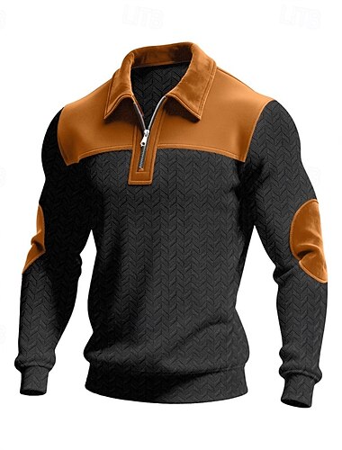  Herren Polo Poloshirts Urlaub Straße Viertelreißverschluss Langarm Mode Basic Farbblock Patchwork Tasche Frühling Herbst Normale Passform Schwarz Polo