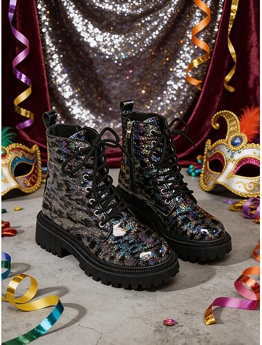  Dames Mardi Gras Zwarte Holografische Glitter Combat Boots – Sprankelende Pailletten Veter Enkellaarsjes voor Muziekfestivals Carnaval Clubbin  Avond uit