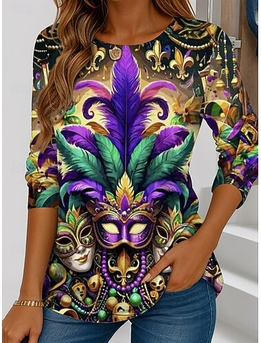  Carnaval Vrouwen T-shirt Grafisch Geometrisch Vintage Stijlvol Klassiek Lange Mouwen Crew Neck Reguliere Tops Dagelijks Weekend Print Geel Donkergroen Paarse Lente Herfst