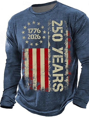  4 juillet 2026 250e jour commémoratif T-shirt à manches longues à col rond pour homme imprimé 3D du drapeau américain Casual Daily