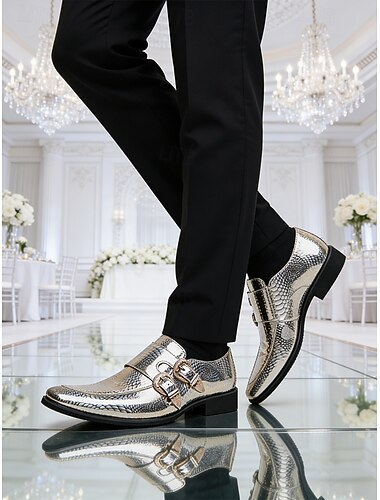  Mocassins à double boucle pour homme en cuir verni doré - chaussures de luxe pour dîners formels, événements spéciaux et mariages