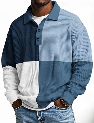  Men's Geometric Color Block Polo Long Sleeve Polo Shirts Lapel Casual School Athleisure Daily Wear 3D Print Spring Fall Blue Green