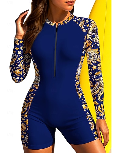  Damen Regulär Anti UV Shirt Badeanzug Boyleg Blumen Tropisch Reißverschluss Herausnehmbare Polsterung Frontreißverschluss UV-Sonnenschutz UPF50+ Ultraleicht (UL) Langarm Bademode Schutz gegen