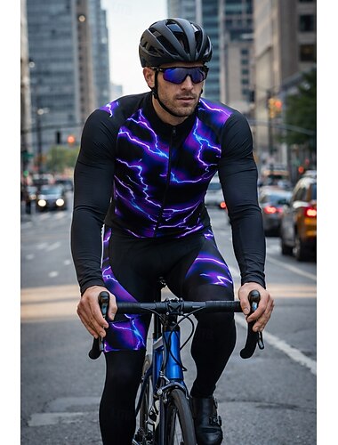  Herren Radtrikot mit Trägerhose Langarm Mountainbike MTB Straßenradsport Frühling Herbst Rote Blau Purpur Blitz Fahhrad Schweißableitend Bequem Atmungsaktiv Spandex Sport Bekleidung
