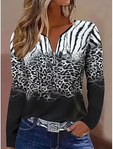  Dame T skjorte Glidelås Trykt mønster Grafisk Årgang Bohem Tropisk Hawaiisk Langermet V-hals Vanlige topper Daglig Ut på byen Helg Svart og Hvit Sommer Vår Høst Vinter