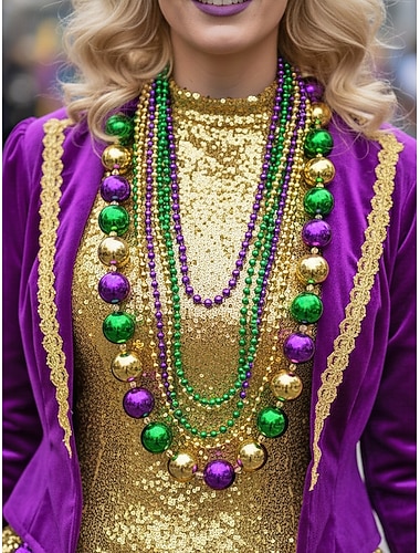  Dames Plastic Mardi Gras Kralen Ketting Set – Kleurrijke Groene Paarse en Gouden Kralen Perfect voor Carnaval en Maskerade Feesten