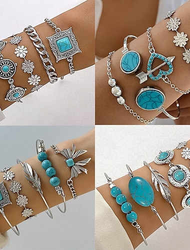  Bracelets Turquoise Vintage Argenté Boho pour Femmes Samba Accessories