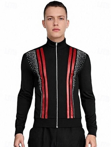  kunstløp fleecejakke herre gutter skøytejakke topp svart elastisk treningskonkurranse skøyteklær termisk varm krystall / strass langermet skøyting kunstløp