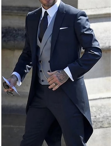  Masculino Smoking casamento de inverno Palco Azul Escuro Primavera / Outono / Inverno / Verão Terno Lapela Chanfrada Festa Retro Vintage Cor Sólida Fino Conjunto de 3 peças Comum 1 Botão