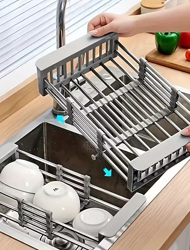  ausziehbarer Geschirrkorb aus Edelstahl für die Spüle &Zusammenklappbarer Abtropfkorb für Geschirr, Tassen und Obst/Gemüse, mehrstufiges Design für effizientes Spülen und Trocknen, Geschirrtrockner