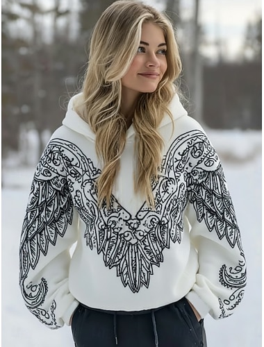  Damen Kapuzenpullover Grafik Tiermotiv Stammes Elegant Punk Vintage Langarm Mit Kapuze Normale Oberteile Lässig Heim Straße Schwarz Weiß Beige Herbst