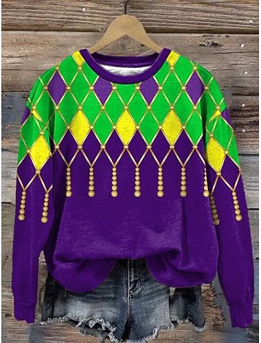  Karneval Damen Pullover Sweatshirt Grafik Geometrisch Lässig Langarm Rundhalsausschnitt Reguläre Oberteile Lässige Straßen Alltagskleidung Tief Lila Gelb Lila Herbst Winter