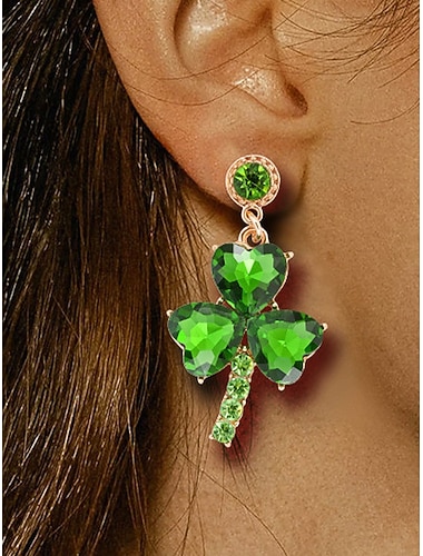  أقراط نسائية مصنوعة من سبيكة معدنية بتصميم نبات النفل الأخضر الكريستالي، مثالية ليوم القديس باتريك والحفلات اليومية، أنيقة واحتفالية