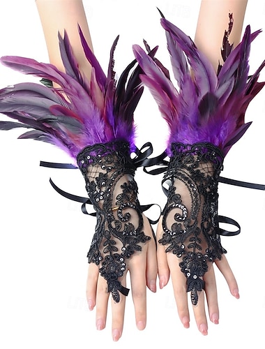  Carnival 2026 Rio Carnival Samba Tilbehør Lilla Fjær Blonde Håndgner Kvinner Gotisk Burlesque Armcuff med Svart Brodering | Brasil Festival Oppvisning Kostyme