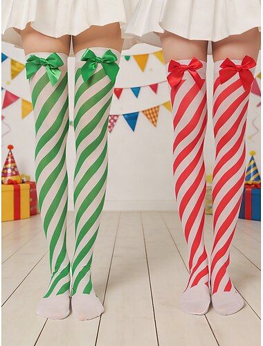  Damesokker med overknee, lårhøye strømper med stripete sløyfe, elastisk mykt stoff, festlig kostymestil, for voksne &tenåringer, perfekt for karnevalsparader, kostymefester &festivalkjendis