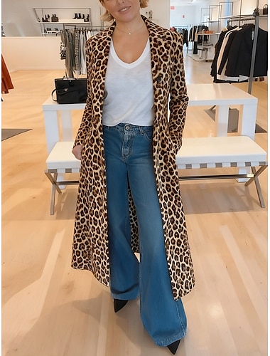  Damen Wintermantel Freizeitjacke Bequem Atmungsaktiv Tasche Druck Lässig Leopard Lässig Urlaub Straße Alltagskleidung Offene Vorderseite Lang Umlegekragen Normale Passform Langarm Oberbekleidung