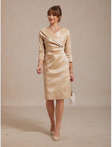  Dames Mini-jurk Schede jurk Wikkeljurk Elegant Bruiloft gast Cocktailparty Met ruches Normale pasvorm Effen Kleur 3/4 mouw V-hals Overhemdkraag Champagne