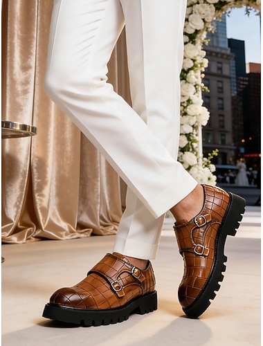  Chaussures à double boucle pour homme en similicuir beige - imprimé crocodile, tendance, idéales pour les sorties semi-formelles et décontractées et les mariages