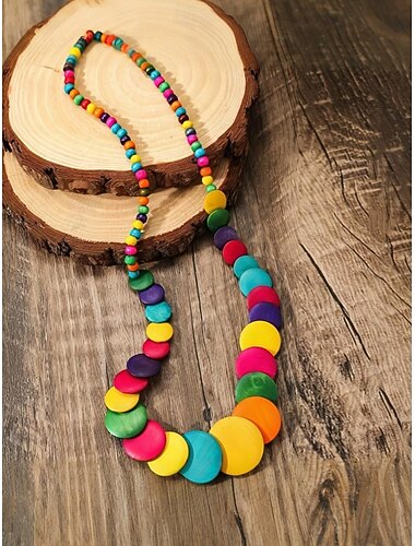  Γυναικείο πολύχρωμο κολιέ με ξύλινες χάντρες σε στρώσεις - μποέμ κοσμήματα για καρναβάλι, φεστιβάλ και μεταμφιέσεις