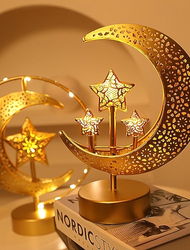  Ramadan-Eid-Dekorationslampe aus Metall mit Sternen- und Mondmotiven für den Innenbereich, Schlafzimmerbeleuchtung, 29 x 21 cm, für AAA-Batterien