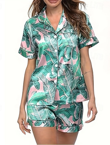  Damen Schlafanzug Freizeitkleidung Schlafanzug Set Mode Lässig Komfort Grafik Pflanze Einfarbig Gerafft Knopf hoch Tasche Shorts Täglich Heim Urlaub Kurzarm Revers Grün Sommer Frühling Lässiger