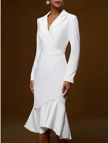  Damen Midikleid Figurbetontes Kleid Formell Halbformelle Kleider Büro Schlank Einfach Langarm Hemdkragen Schwarz Weiß Aprikose Frühling Herbst