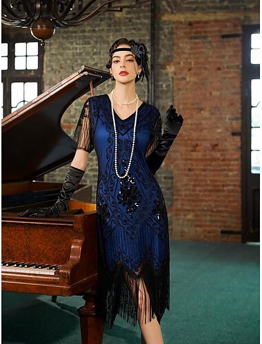  Set Glada 20-talet 1920-talet Knälång Flapper-klänning Cocktailklänning Finkostym med tillbehör Korta ärmar Den store Gatsby Flapper Paljetter Tofs V-hals Maskeradkläder Dam Jul Nyår Kvällsfest