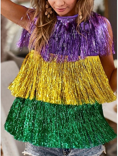  Carnaval Dames Blouse Kleurblok Stijlvol Casual Mouwloos Crew Neck Reguliere Tops Vakantie Fringe Paars Lente