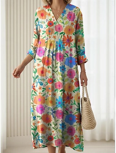  Femmes Robe Midi Robe fourreau Occasionnel Quotidien Sortir Coupe Ample Fleuri Graphique manche longue Col en V Rose Claire Rouge Vert Été Printemps