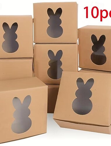  Caixa de presente de Páscoa em papel kraft com janela em formato de coelho, ideal para lembrancinhas de festa, presentes de casamento e decoração de Páscoa.