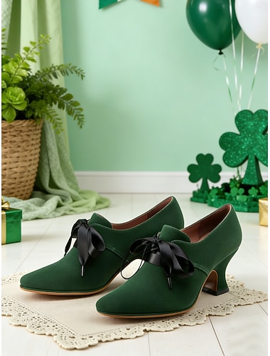  Dunkelgrüne Damenpumps mit spitzer Zehenpartie – elegante festliche Schuhe im viktorianischen Stil mit Satinschleife für St. Patrick's Day-Partys und andere glückverheißende Feiertage