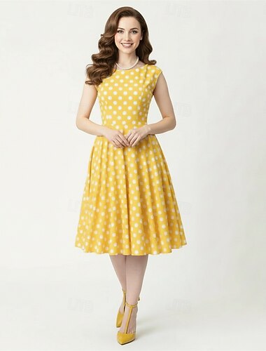  Рокабилли Полдень Платье-трапеция В горошек Клёш от бедра Маскарадный костюм Жен. Карнавал День Святого Валентина Повседневные Встреча выпускников Ретро-вечеринка Взрослые Платье Лето Весна