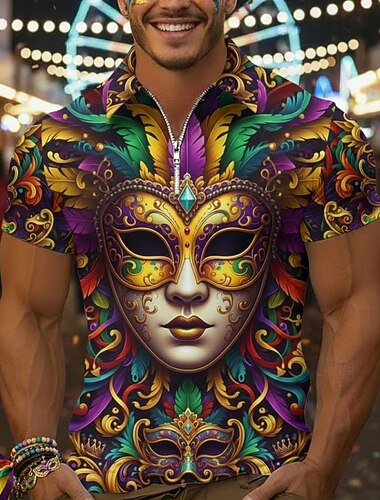  Herr Polo Pikétröjor Dagligen Karnival Fjärdedels blixtlås Kortärmad Mode Grundläggande Grafisk Mask 3D-utskrift Sommar Vår Skräddarsydd passform Mörklila Guld Purpur Polo