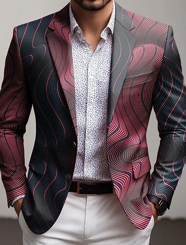  Herre Geometrisk Blazer jakke Frakk Bekvem Pustende Kunstnerisk Fritid Daglig Festkveldsklær Avslappet Lomme 3D-utskrift Knapper Alle årstider Med hakk Langermet Blå Rød Grønn