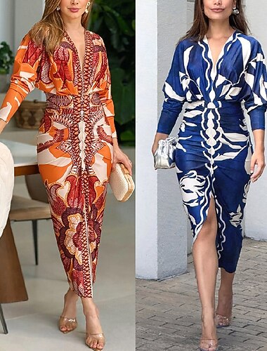  Dames Halflange jurk Schede jurk Boho-jurk Elegant Modieus Modern Dagelijks Vakantie Uitgaan Normale pasvorm Bloemig Grafisch Lange mouw V-hals blauw Oranje Zomer Lente