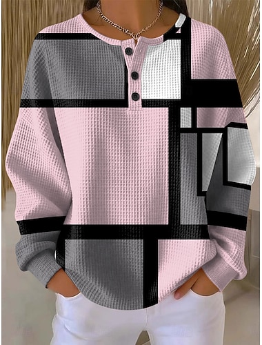  Mulheres Moletons Botões Gráfico Geométrica Bloco de cor Moda Casual Estampado Manga Longa Gola Redonda Decote Redondo Tops regulares Casual Rua Azul Rosa Roxo Verde Outono Inverno