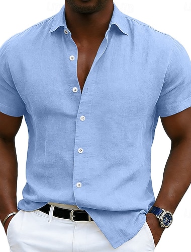  Herren Leinenhemd Sommerhemd Strandbekleidung Knopfhemd Einfach Lässig Urlaub Blau Weiß Hellgrün Rosa Kurzarm Umlegekragen Sommer Bekleidung Rein