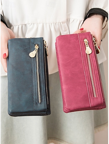  Damski długi portfel ze sztucznej skóry, organizer na wiele kart z kieszonką na monety zapinaną na zamek, smukła kopertówka w stylu vintage, wielokolorowy, do codziennego użytku, w podróży, na zakupy i na prezent