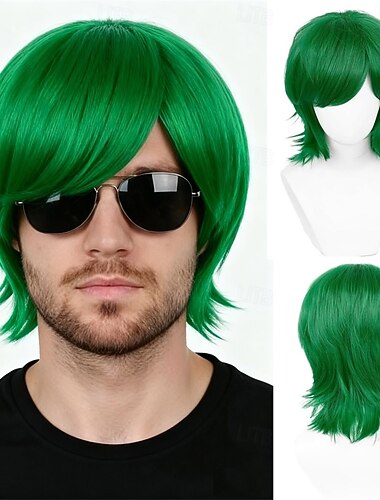  Perucas Verdes Peruca Sintética Lisa com Franja Peruca Feita à Máquina Curta Cabelo Sintético Verde Homens Festa Natural Verde