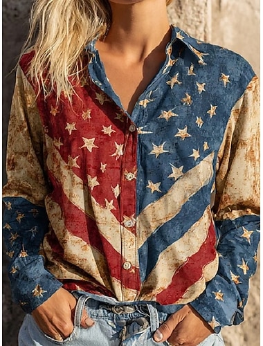  Journée de l'Indépendance Chemise Patriote pour Femme Linge Comme Respirant Léger Graphique Drapeau Abstrait Vintage Quotidien Élégant Manches Longues Col Chemise Quotidienne Travail Patchwork