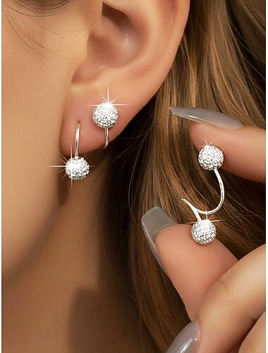  Pendientes de aro de aleación para mujer con diseño de bola con incrustaciones de cristal, elegantes y con estilo para uso informal y de noche.